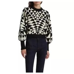 Farm Rio XS Heart Deco Knit Crop Black Sweater Wool Balloon Sleeve Southwest O12